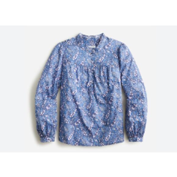 JCrew Women XS Blue Purple Button Front Ruffleneck Popover Liberty Bourton Bloom - Picture 10 of 11
